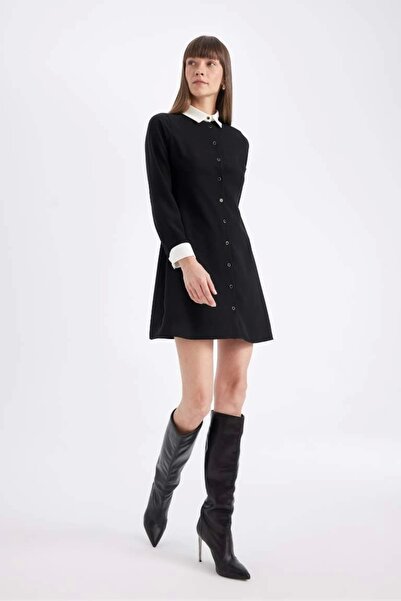 DeFacto D2874 Krep Uzun Kollu Mini Elbise