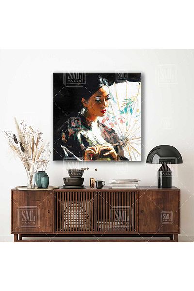 SML TABLO Model de umbrelă albă cu îmbrăcăminte tradițională Decor cu amprentă de perie Pictură pătrată pe pânză