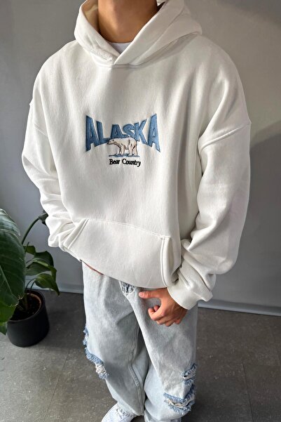 Flaw Wear Alaska Embroidered White Oversize Hoodie