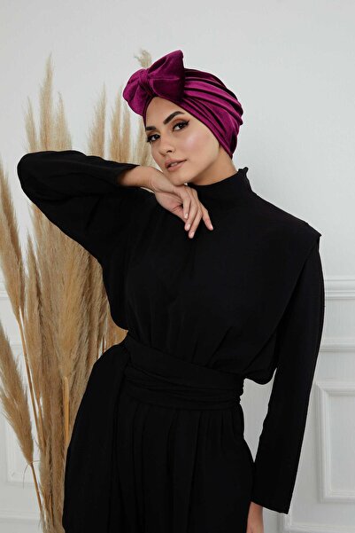 Ayşe Tasarım Velvet Bonnet with Bow, B-27K, Purple