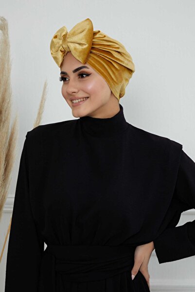 Ayşe Tasarım Velvet Bonnet with Bow, B-27K, Mustard