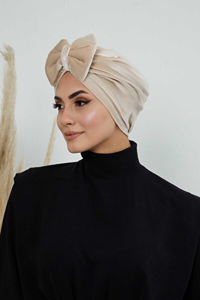 Ayşe Tasarım Βελούδινο καπέλο με φιόγκο, B-27K, Μπεζ
