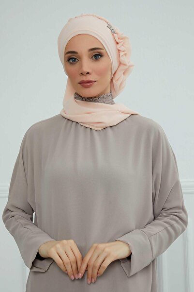 Aisha's Design Έτοιμο τουρμπάνι από σιφόν με βολάν στο πλάι και ασημί αξεσουάρ, HT-106, HT-106, Μπεζ