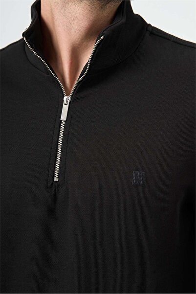 İmza Siyah Örme Hakim Yaka Pamuklu Casual Slim Fit Dar Kesim Sweatshirt 1013245151