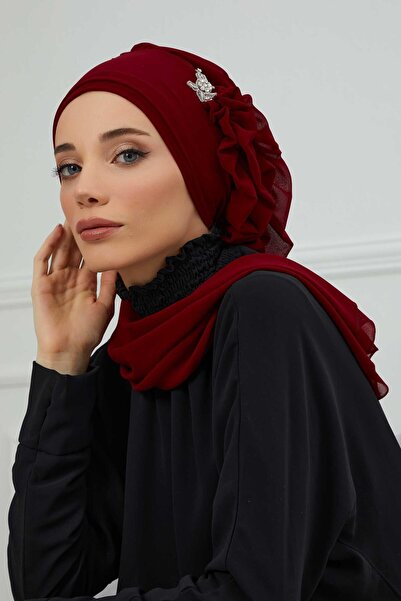 Aisha's Design Έτοιμο τουρμπάνι από σιφόν με βολάν στο πλάι και ασημί αξεσουάρ, HT-106, HT-106, μπορντό