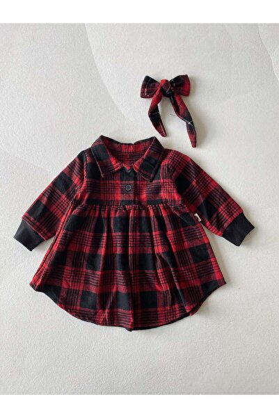 rg kidsstore Bebek Düğmeli Oduncu Elbisesi ve Saç Bandı