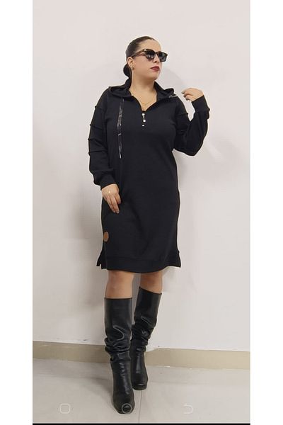 AKŞEN GİYİM LARGE SIZE CORRUGATED WOVEN WOVEN HOODED EMBROIDERED 97 CM SIZE ARMS GRASS PATTERN TUNIC