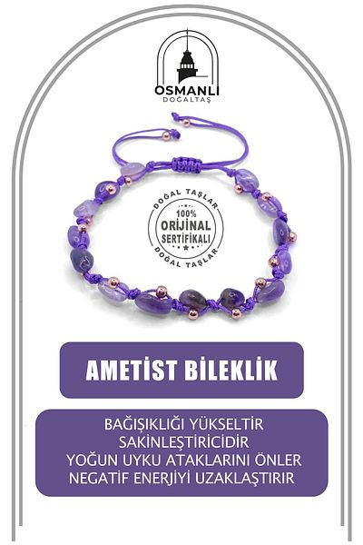 OSMANLI DEĞERLİ TAŞ Amethyst Natural Stone Ladder Closure Natural Thin Cut Bracelet Special Design 1