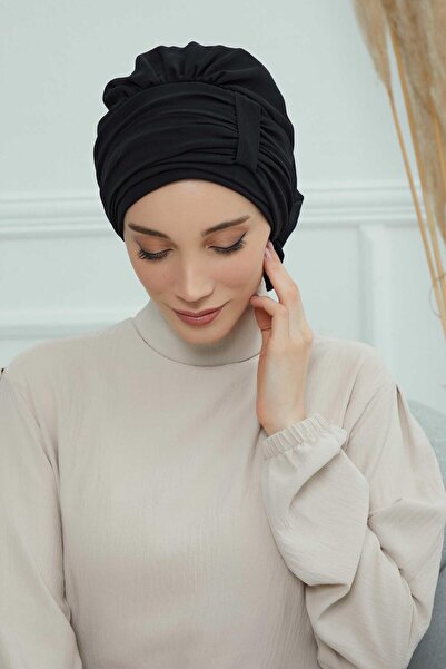 Aisha's Design Pleated Design Chiffon Ready Turban,Ht-107,Ht-107,Black