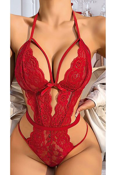 Cooqpoo Costum de baie roșu Mărimea S/M-L/XL Costum cu jartieră din dantelă