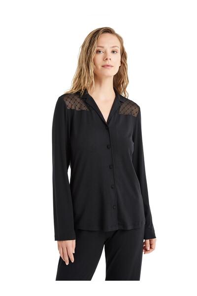 Blackspade Kadın Önden Düğmeli Uzun Kol Siyah Micro Modal Pijama Takım C6T0N6O15
