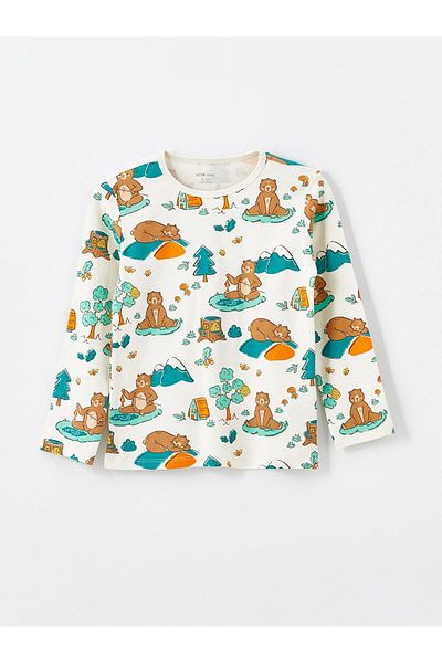 LC Waikiki Lcw Бебешки комплект пижама за момче с щампа с кръгло деколте и дълъг ръкав