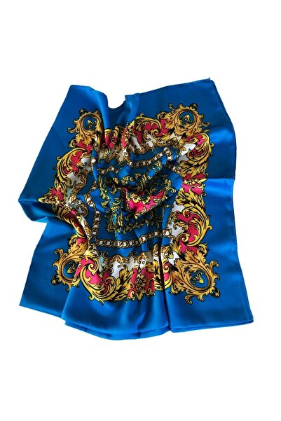 TikiTonki وشاح أزرق ساتان منقوش بنمط عرقي مربع - 90x90