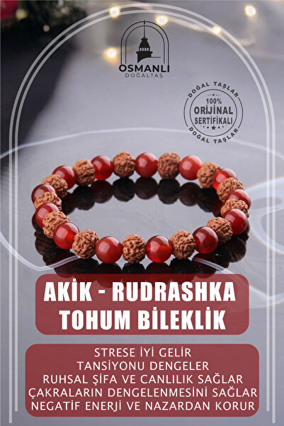 OSMANLI DEĞERLİ TAŞ Sertifikalı Akik - Rudrashka Tohum Doğal Taş Bileklik 8 M...