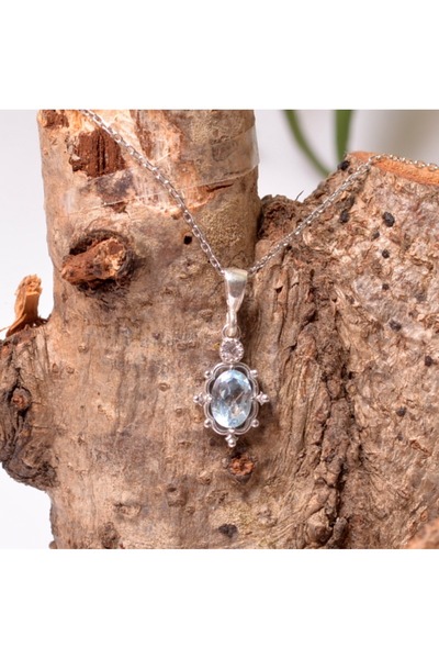 Taş Sandığı Mavi Topaz Taşı Gümüş Kolye - Cevher Model