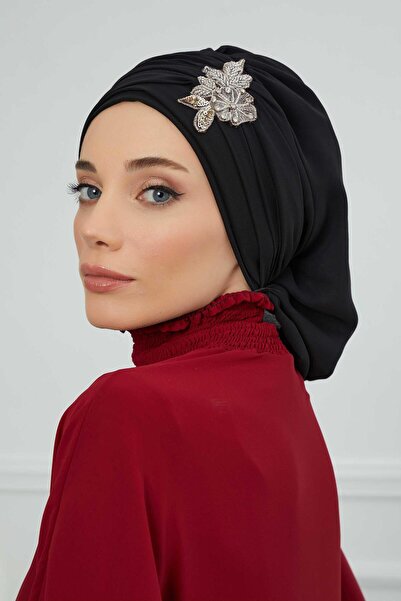 Aisha's Design Chiffon Ready-Made Turban with Pleated Stone Flower Accessories,Ht-105,Ht-105,Black
