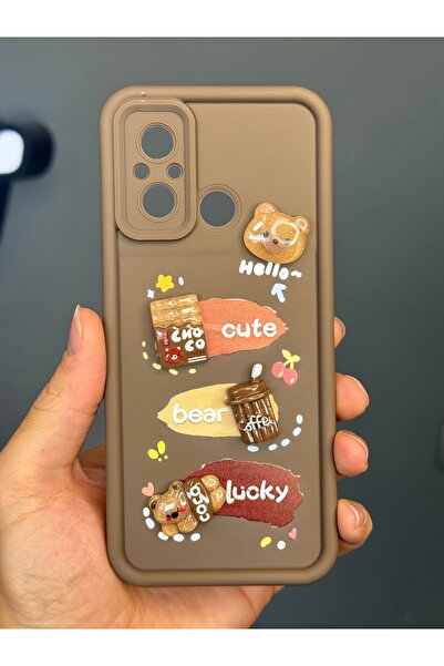Fibaks Redmi 12C Compatible Case Designed Patterned Camera Protection Teddy Bear Brown Colored Soft Silicone Cover
