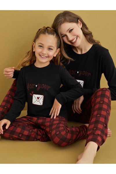 İYİBU Mother and Daughter Combination Black Cotton Thermal Pajamas Set - Warm and Stylish Winter Combination (Sold Separately)