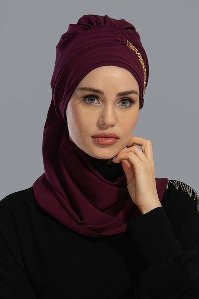 Aisha's Design عمامة شيفون جاهزة - إكسسوار ذهبي، تصميم، HT-28، HT-28