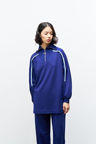 Basicpark Navy Blue Women's Stand Collar Half Zippered Wide Leg Cotton Knitted Bottom Top Set