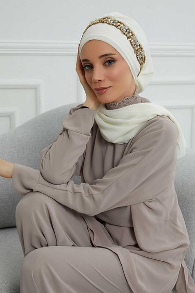 Aisha's Design عمامة شيفون جاهزة التصميم مع إكسسوارات حجرية، HT-101، HT-101