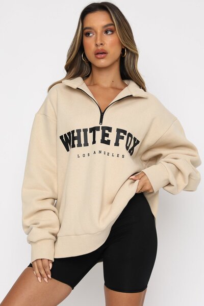 Madmext Bej Fermuar Detaylı Baskılı Sweatshirt Mg1246