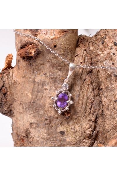 Taş Sandığı Ametist Taşı Gümüş Kolye - Cevher Model