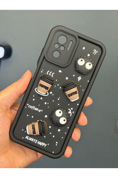 Fibaks غطاء سيليكون ناعم أسود لهاتف Xiaomi Redmi Note 10/10S مع شكل حماية للكاميرا على شكل كوكي القهوة