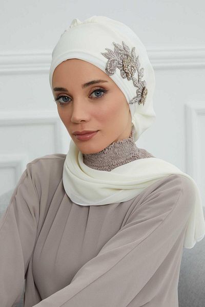 Aisha's Design Stone Colored Flower Patterned Chiffon Turban - Ht-104, Ht-104