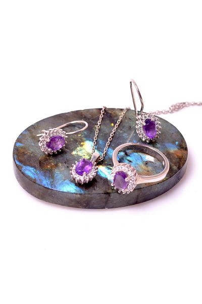 Taş Sandığı Amethyst Stone Silver Set - Stone Framed
