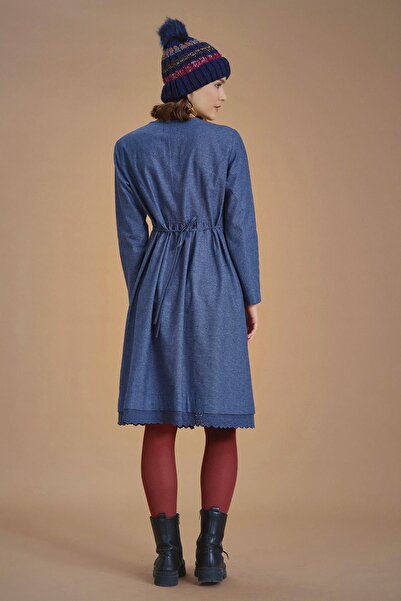 Los banditos Nervürlü Yaka Dantelli Uzun Kollu Lacivert Elbise