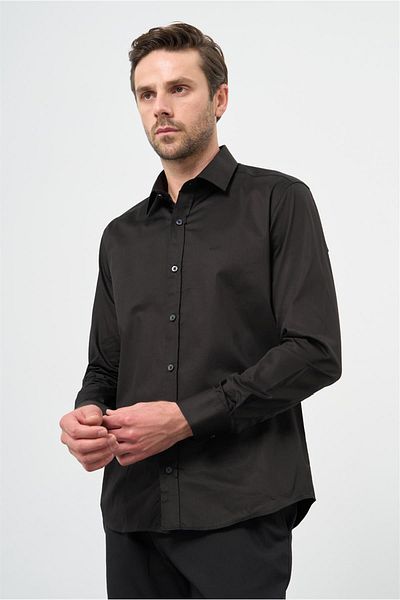 İmza Black Long Sleeve Hard Neck Pocketless 100% Cotton Classic Slim Fit Slim Fit Shirt 1004240324