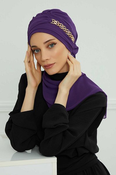 Aisha's Design عمامة شيفون جاهزة - إكسسوار ذهبي، تصميم، HT-28، HT-28