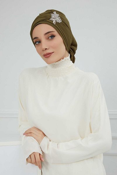 Aisha's Design Stone Flower Patterned Chiffon Turban - Pleated and Accessory, Ready to Use, Ht-105,Ht-105