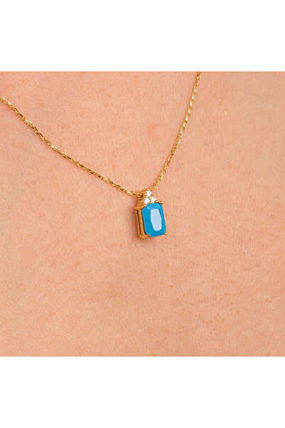 FasekGold Altın Kolye - Baget Tasarım Firuze (Turkuaz) Taşlı 14 Ayar Altın Kolye