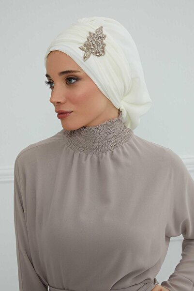 Aisha's Design Chiffon Ready-Made Turban with Pleated Stone Flower Accessories,Ht-105,Ht-105,Cream