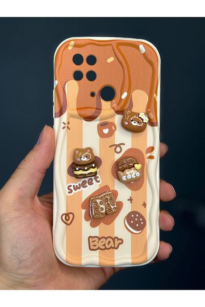 Fibaks حافظة Redmi 10c/poco C40 بتصميم منقوش لحماية الكاميرا على شكل دمية دب بسكويت بلون القهوة من السيليكون
