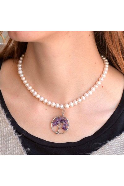 Taş Sandığı Amethyst Jewelled Pearl Necklace