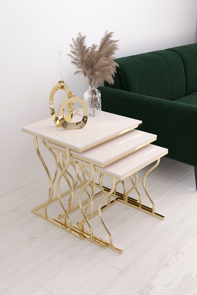 Puklife Hayal 3'lü Kare Zigon Sehpa Seti Gold Ayak, Krem Mdf