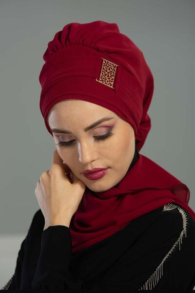 Aisha's Design Design Chiffon Ready-To-Wear Turban with Gold Accessories, Ht-11, Burgundy