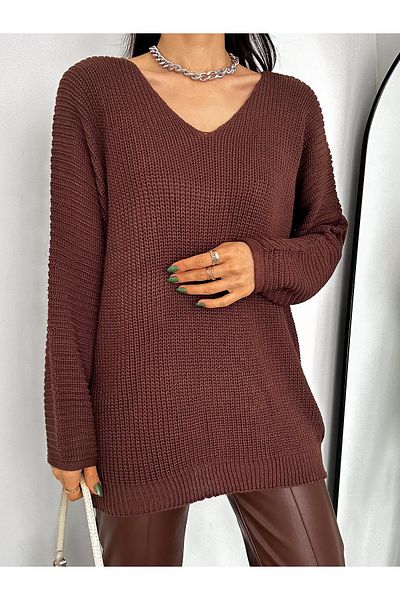 sportiness Дамски кафяв пуловер с V-образно деколте Selanik Knit Oversize