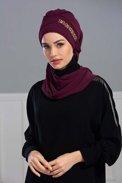 Aisha's Design عمامة شيفون جاهزة - إكسسوار ذهبي، تصميم، HT-28، HT-28