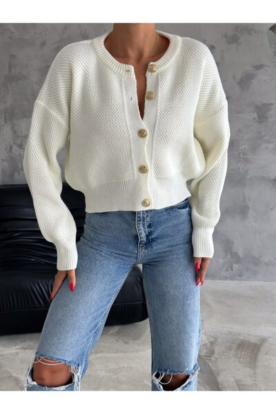 owiç Women's Crew Neck Low Shoulder Gold Buttoned Knitwear Honeycomb Cardigan