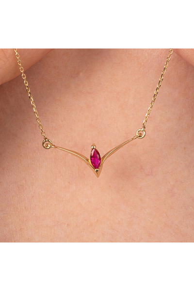 FasekGold Altın Kolye - Ruby Taşlı Tasarım 14 Ayar Altın Kolye