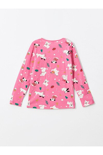 LC Waikiki Baskılı Bisiklet Yaka Yılbaşı Temalı Kız Çocuk Pijama Takımı Pembe