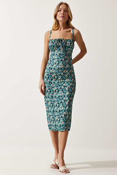 Lovelyİstanbul Floral Patterned Slit Summer Knitted Dress Petrol Green Lci0003