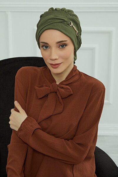 Aisha's Design Aerobin Ready-Made Turban with Fabric Accessories, Ht-93, Khaki Green