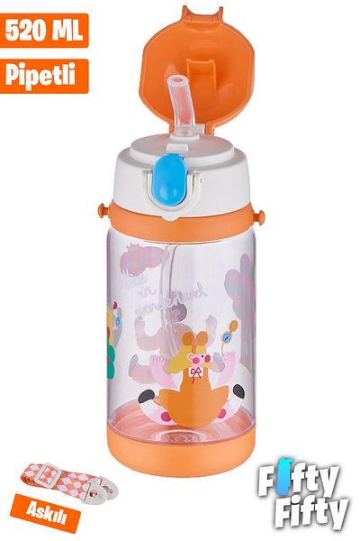 Vagonlife Tongues 520 ml Thick Tritan Water Bottle with Straw - with Carrying Strap - School Children's Bottle -Ffd2408