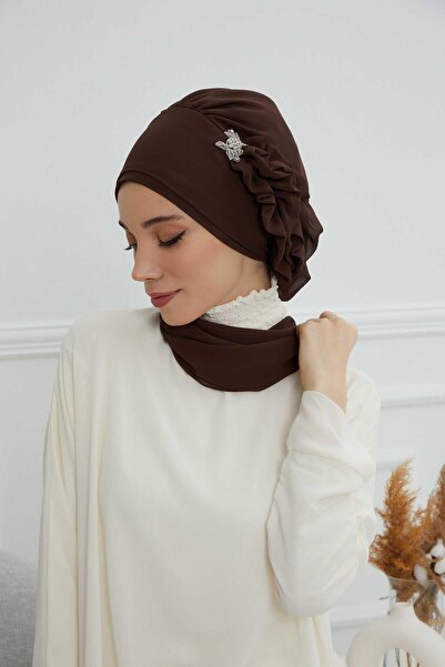 Aisha's Design Έτοιμο τουρμπάνι από σιφόν με βολάν στο πλάι και ασημί αξεσουάρ, HT-106, HT-106, καφέ