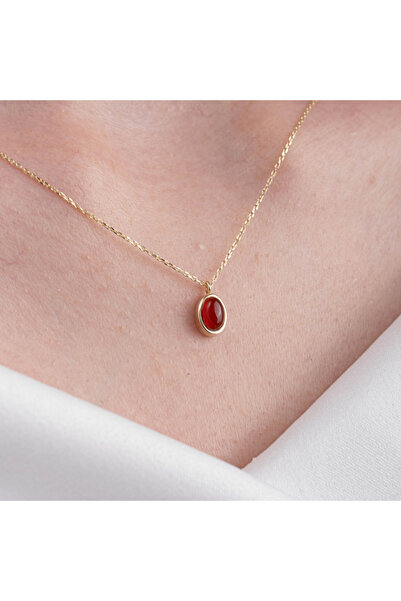 FasekGold Gümüş Kolye - Bombeli Ruby Taşlı Sade Minimal Tasarım 925 Ayar Gümü...